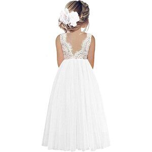 🆕Toddler Girls White Lace Cotton Tulle V Back Sleeveless Maxi Flower Girl Dress